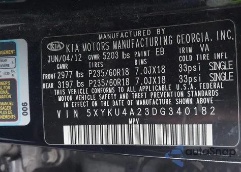 2013 Kia Sorento Ex V6 z USA, uszkodzony, nr VIN 5XYKU4A23DG340182